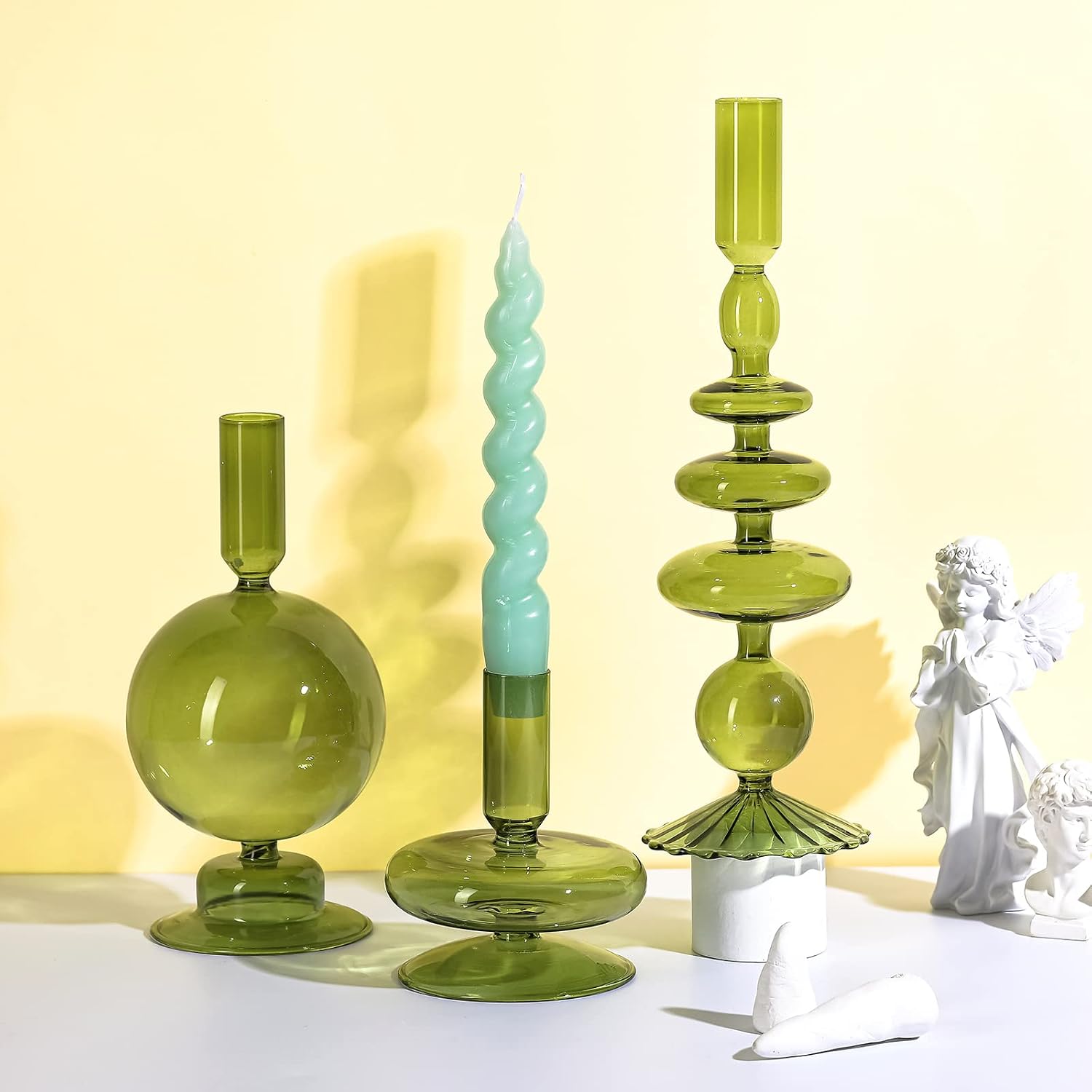 Rtteri 3 Pcs Iridescent Glass Candlestick Holders Taper Candle, Green | Taper Candles Holder, Wavy Glass Holder Stable