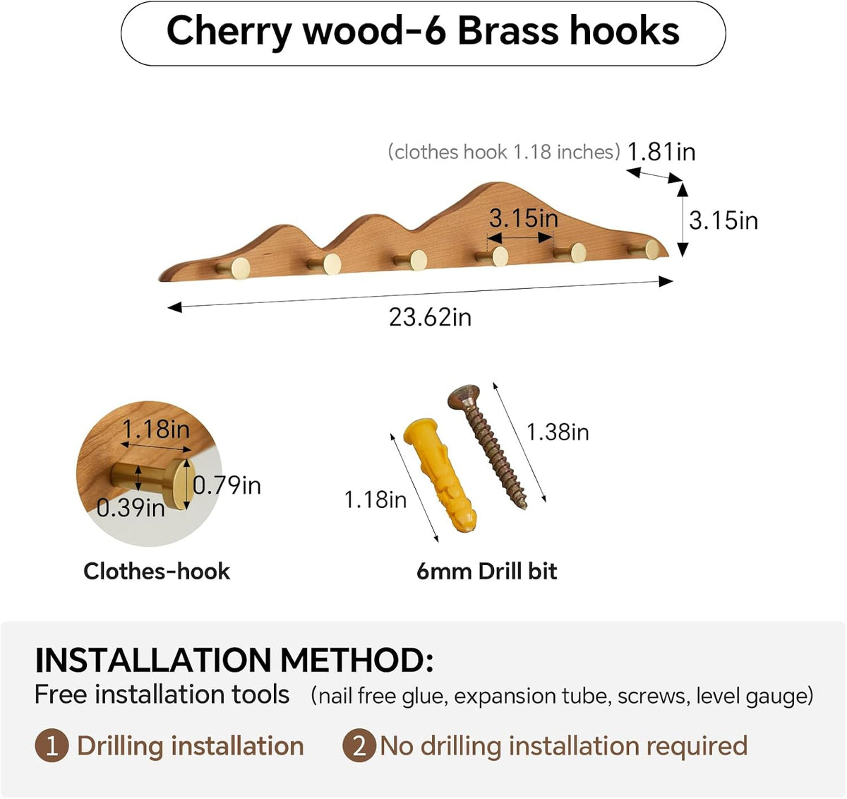 Wall Coat Rack Cherry Wood 6 Hooks | Elegant, Solid Coat Hanger, Wall Mount with Brass Hooks, Moisture-Resistant Wax