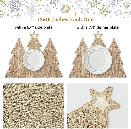 Feuille Burlap Farmhouse Winter Placemats Set of 4 Christmas Tree Holiday Placemats for Table Decorations