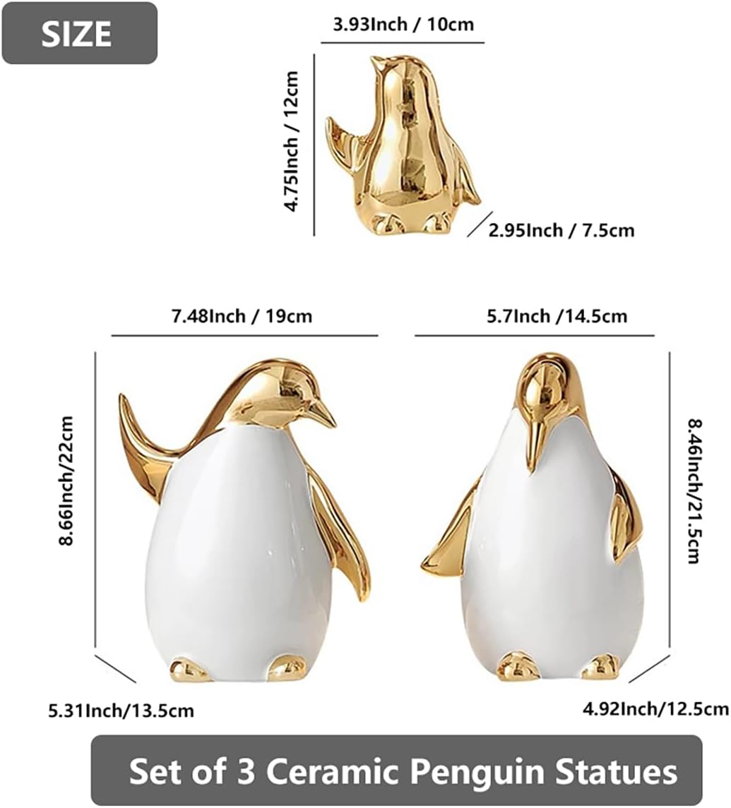 Ceramic Statues Aesthetic Abstract Penguins Sculpture Modern Home Decor / White Gold / Set of 3