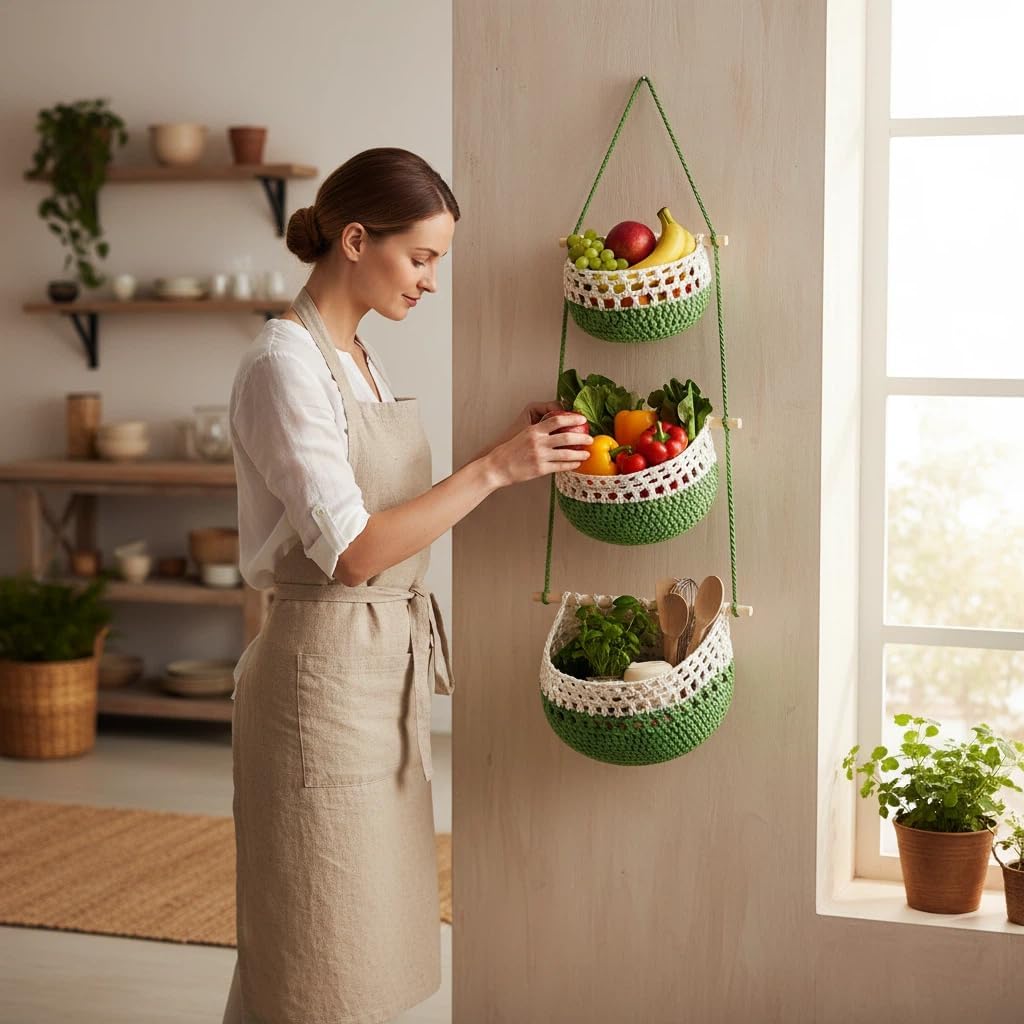 Woven Cotton Hanging Fruit Basket / Green