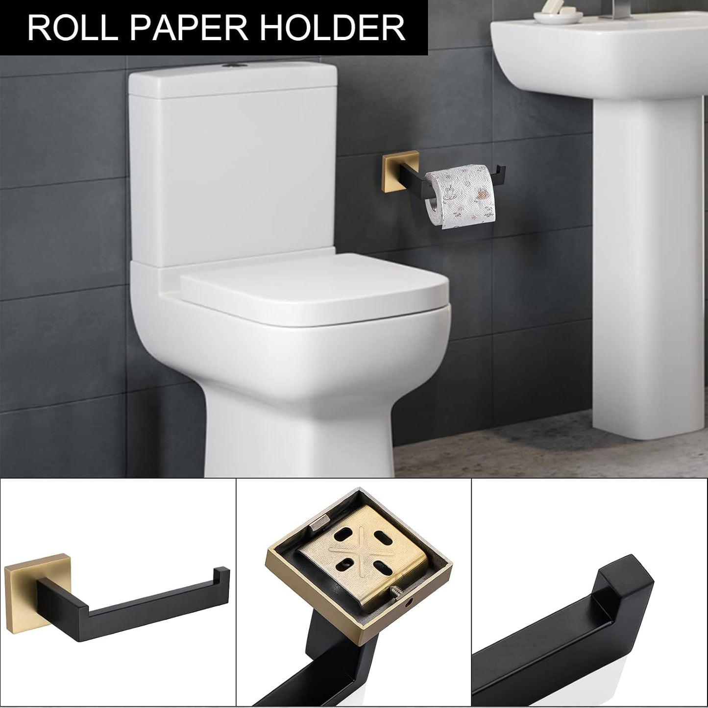 5 Pieces Bathroom Hardware Accessories Set Black and Gold Towel Bar Set,Wall Mounted Stainless Steel,23.6 Inch