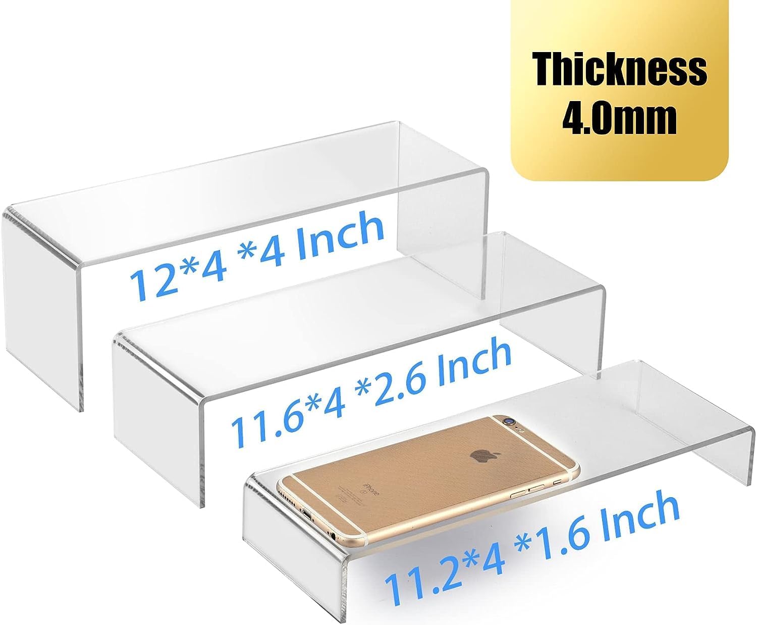 12 Pack Large Acrylic Risers, 4 Set(11.2”L~11.6”L~12”L) | Clear Rectangular Stands for Display, Acrylic Shelves for