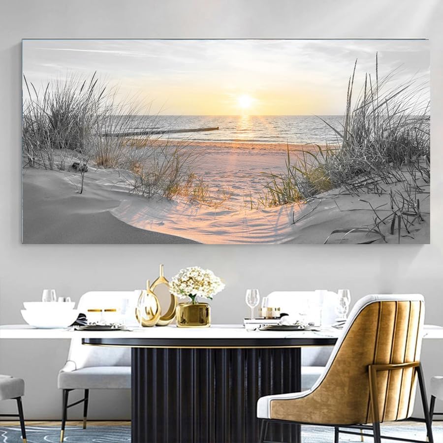 White Sunset Beach Wall Art Coastal Room Decor Ocean Picture / Basunset / 40"L x 20"W / Black