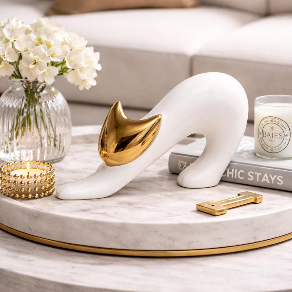 Cat Statues Home Decor White Ceramic Cat Figurine / White and Gold / 4.7in / 7.9 Inch