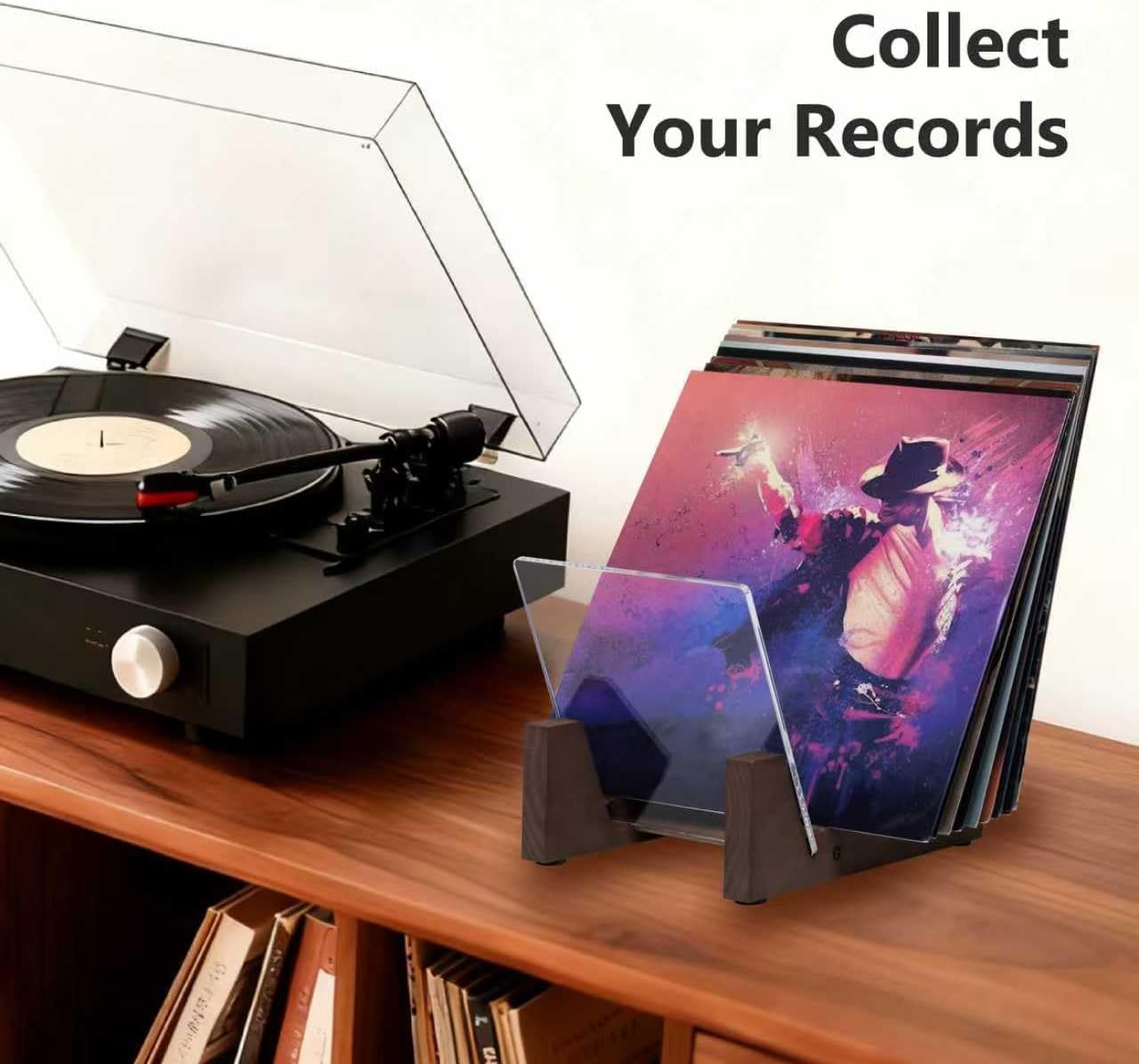 Vinyl Record Storage Holder - Stacks up to 30 Albums, 7 or 12 inch - Solid Wood Stand with Clear Acrylic Ends - Display