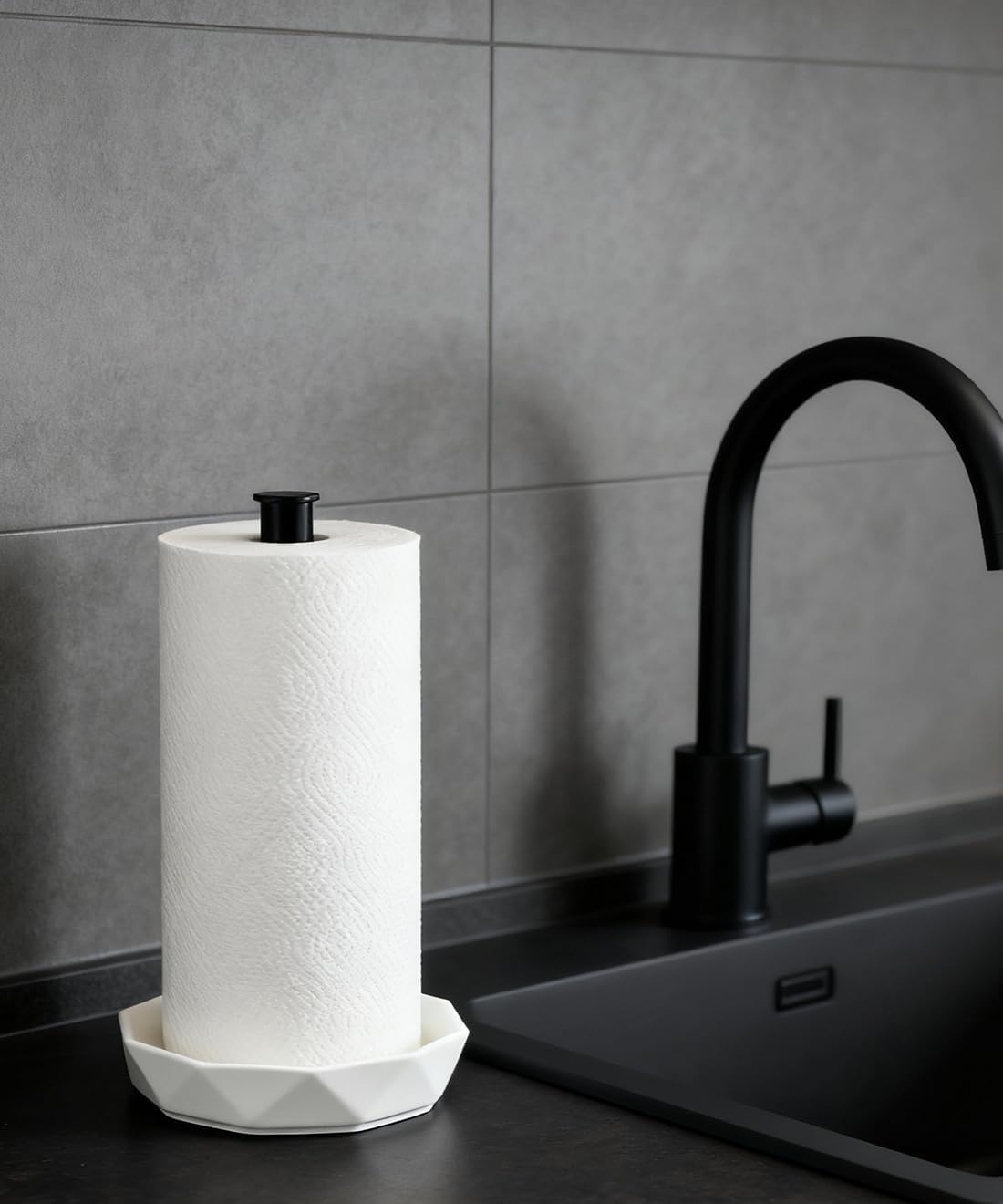 Paper Towel Holder, Ceramic Base Water Resistant, Fits Large Rolls, Black | Easy to Clean and Built to Last,Standing