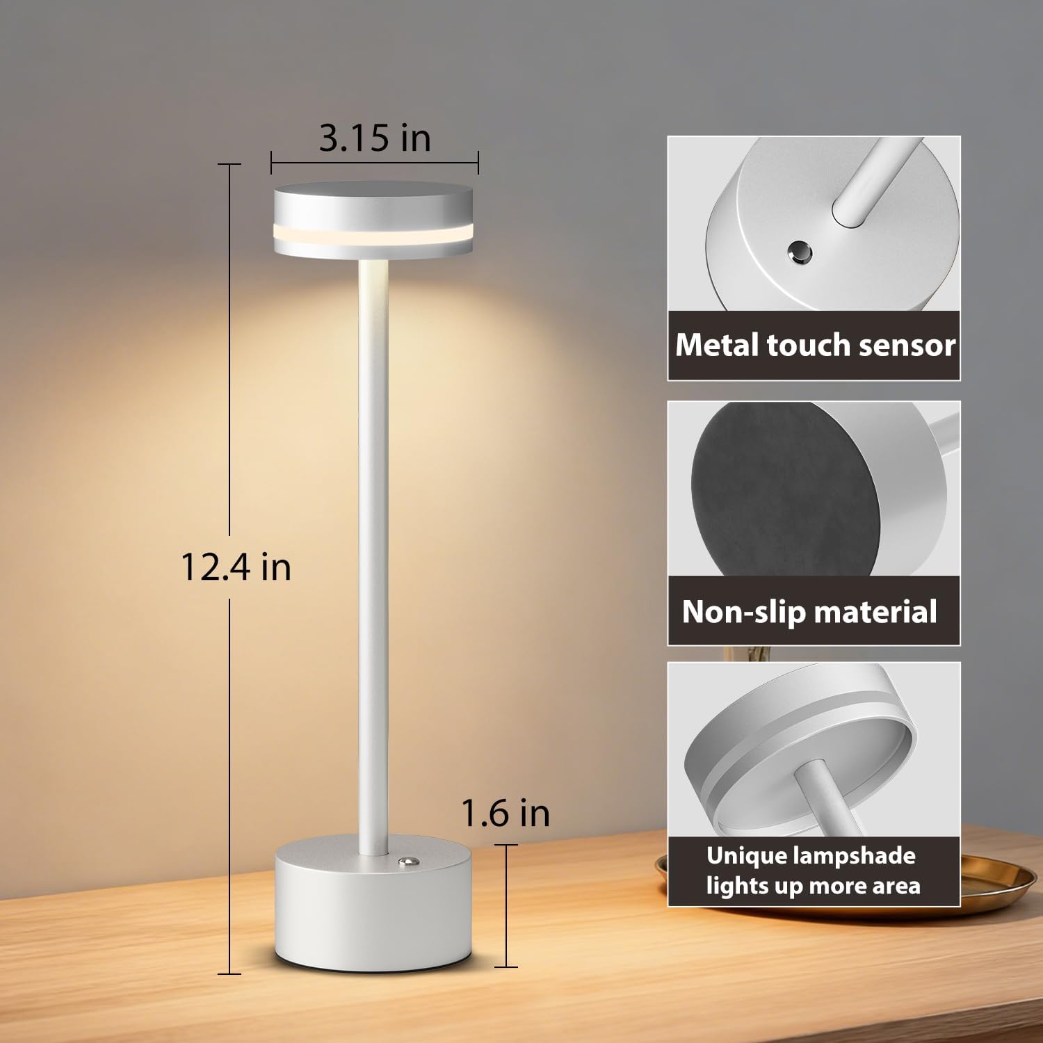2 Pack Rechargeable Cordless Table Lamps Sliver Touch Dimmable | Aluminum, Warm White, 4000mAh Battery Operated, For