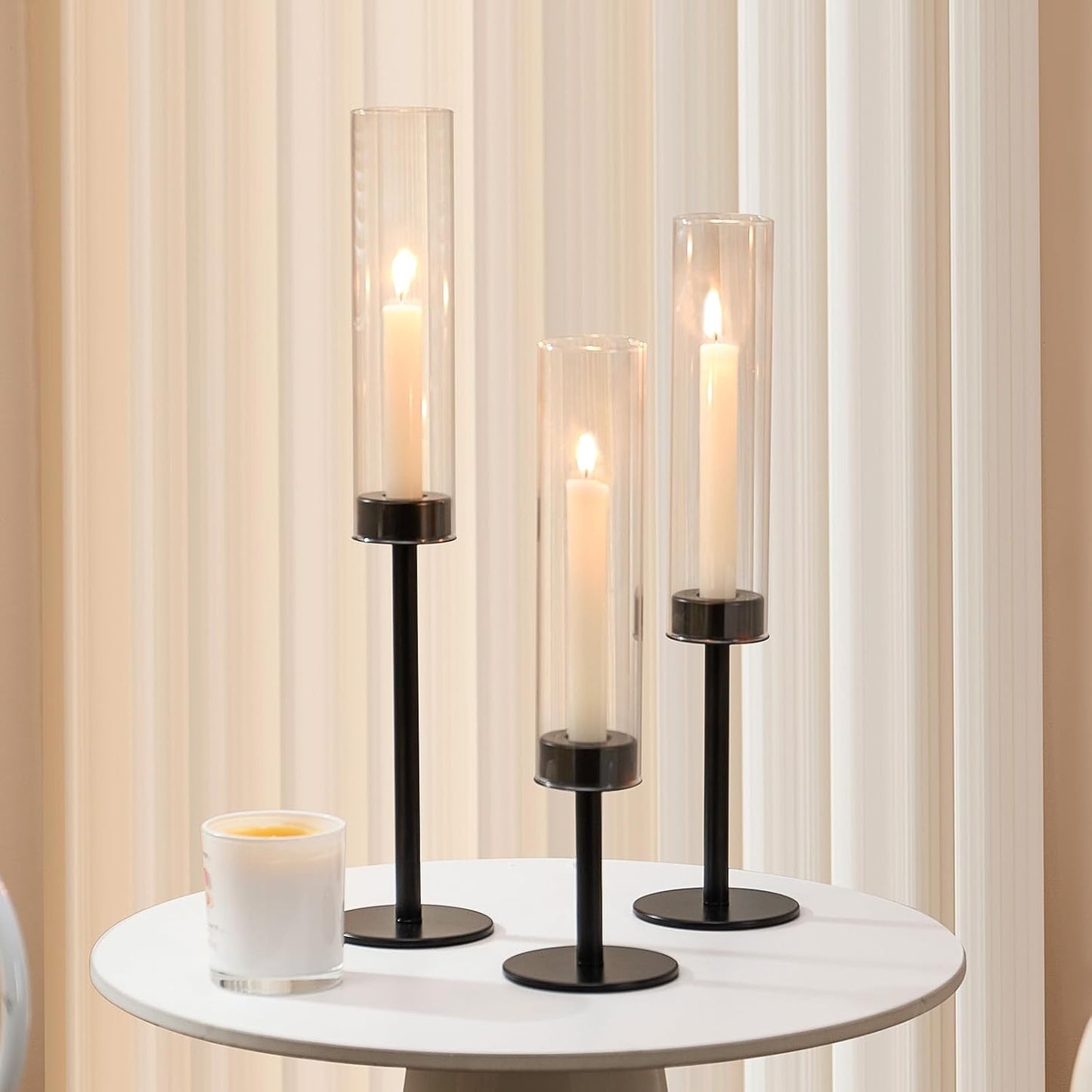 Black Hurricane Glass Candle Holders Set of 3 Tall Taper Candlestick Holder | Metal Candle Stick Holders, for Dining