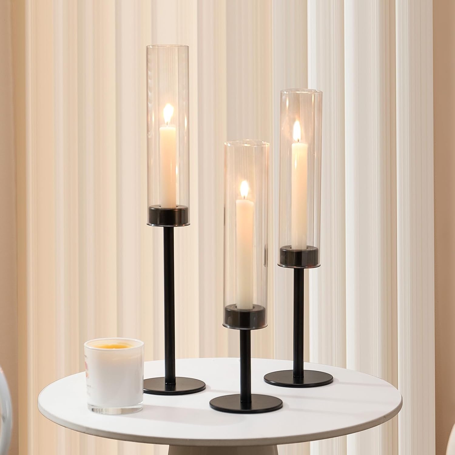 Black Hurricane Glass Candle Holders Set of 3 Tall Taper Candlestick Holder | Metal Candle Stick Holders, for Dining