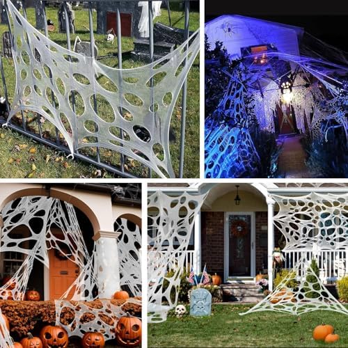 1000 Sqft（After Streched with Holes）Uncut Giant DIY Spider Web Halloween Decorations Outdoor with 10 Ground Nails Stretchy Beef Cloth Netting Cut-Your-Own Flexible Elastic for Yard Party Decor
