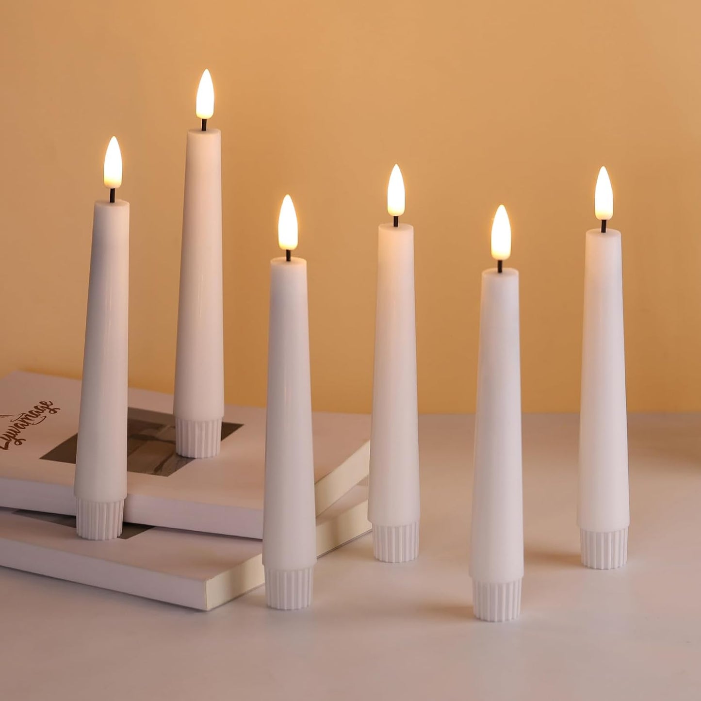Short White Flameless Taper Candles with Remote Set of 6 | Flickering LED Candlesticks, Real Wax Coating, 2 AAA Battery