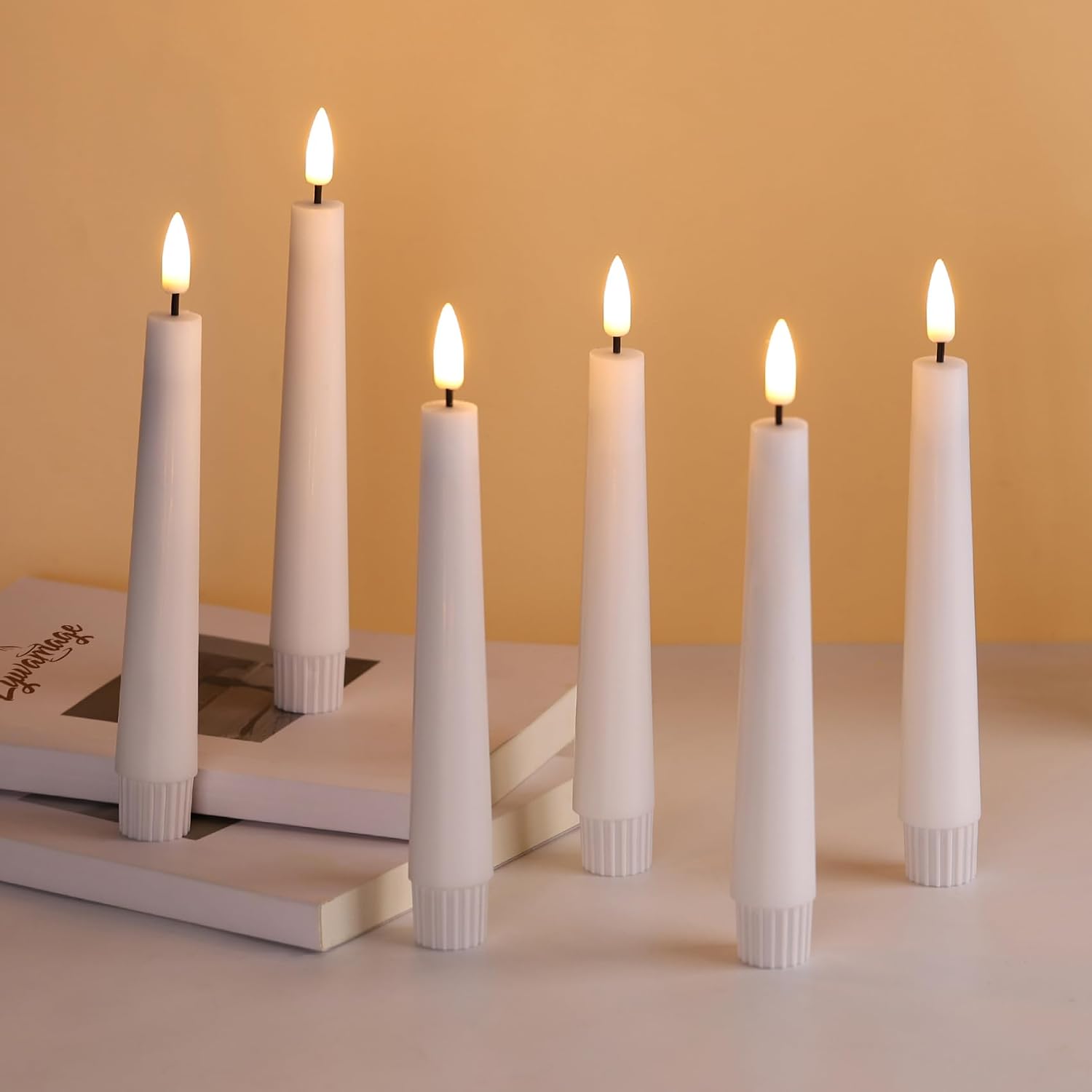 Short White Flameless Taper Candles with Remote Set of 6 | Flickering LED Candlesticks, Real Wax Coating, 2 AAA Battery