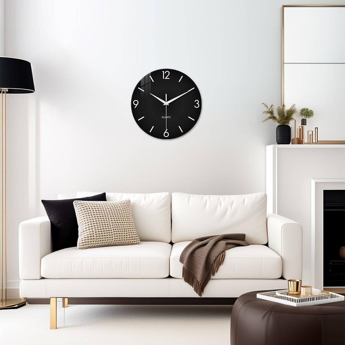 XFM Black Simple Glass Wall Clock 16 Inch Modern Minimalist | Silent Non-Ticking Battery Operated Big Size Round Analog