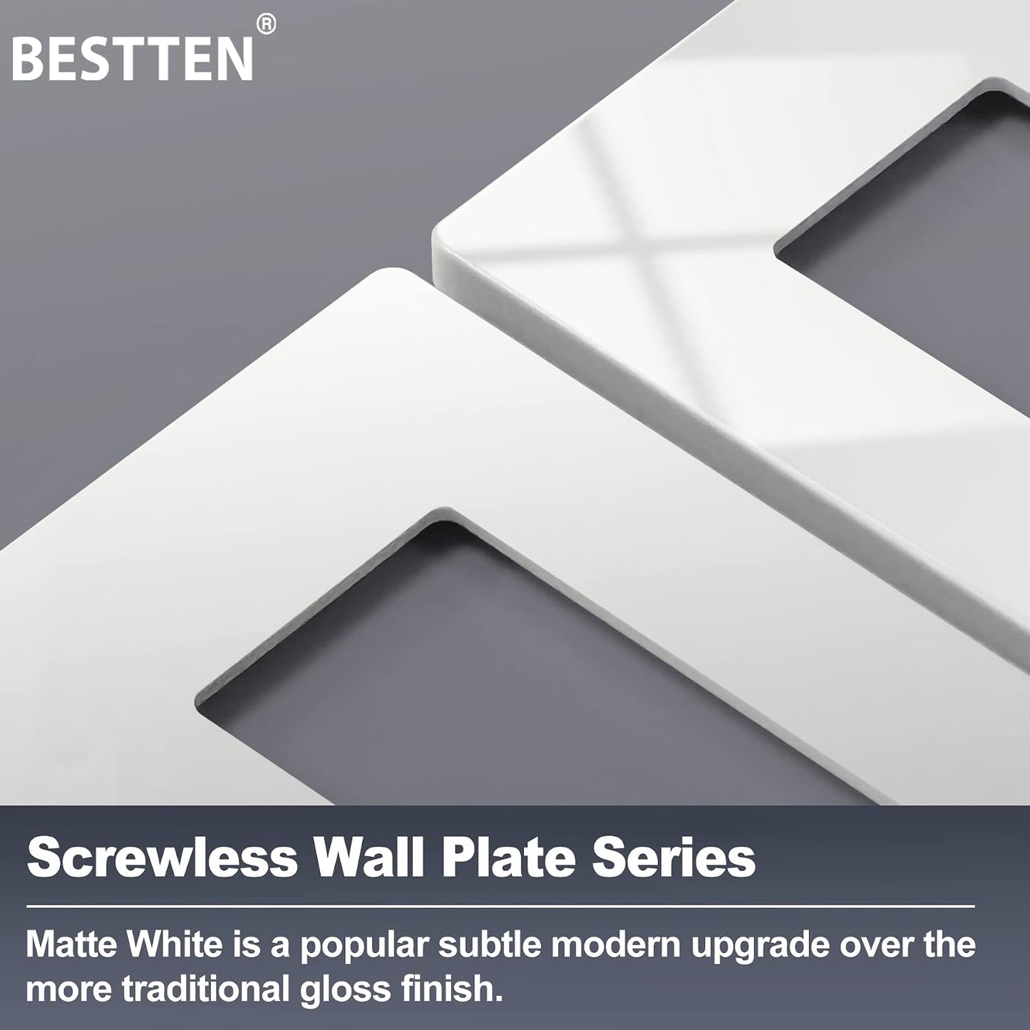 BESTTEN (10 Pack) USWP4 Matte White Series 2-Gang Decor Screwless Wall Plate, Decorator Outlet Cover, H4.69” x W4.73”