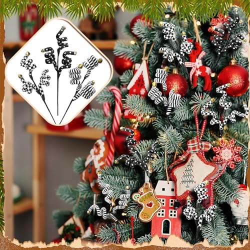 Thiccywoov 6 Pcs Christmas Tree Picks Black and White Christmas Ornaments Woolen Bells Curly Picks Xmas Branches Xmas Halloween Decoration Home Office Party Ornaments