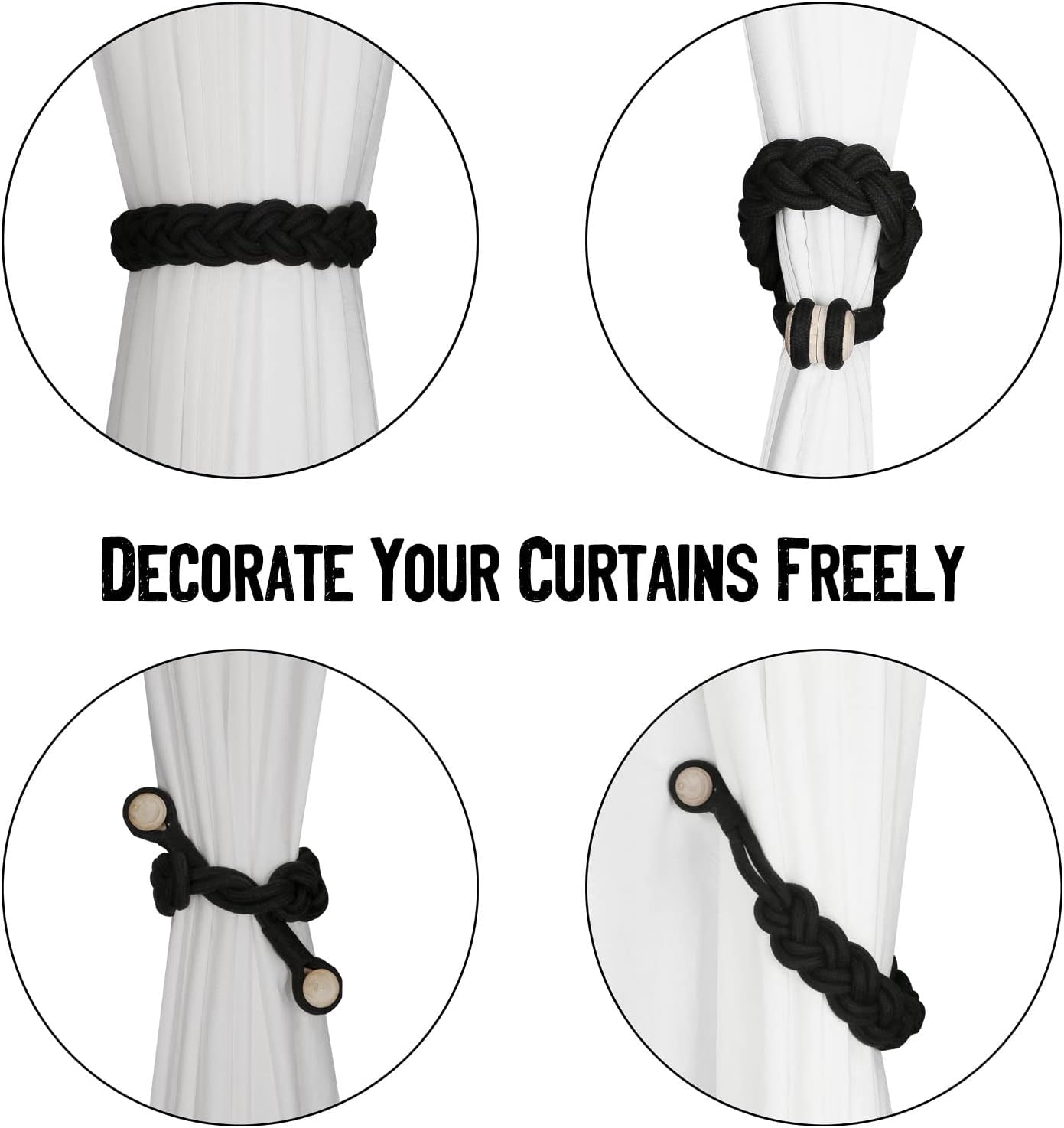 BEL AVENIR Curtain Tiebacks Magnetic 4 Pack Woven Drapery Holdback | Handmade Curtain Ties, No Drill, for Outdoor