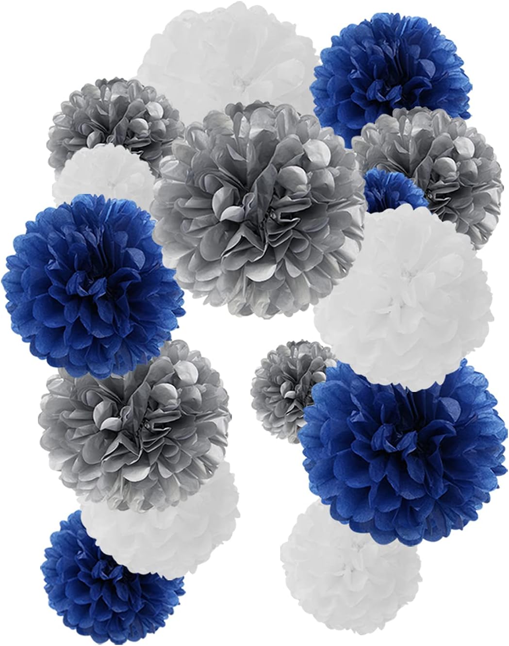 5 Size Party Decorations Paper Flowers / Navy Blue White Silver / Set of 15