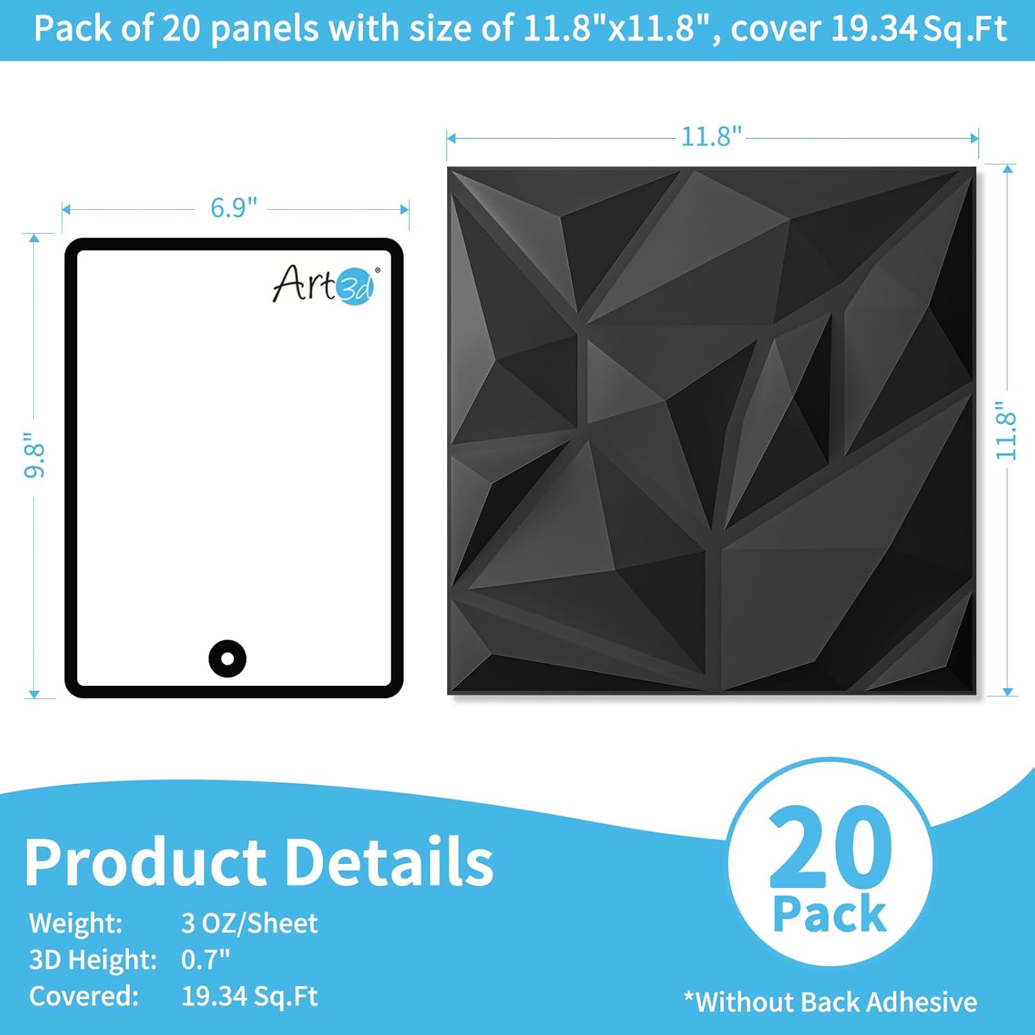 Black Wall Art PVC Panels / 11.8 x 11.8 / Frost Black / Set of 20