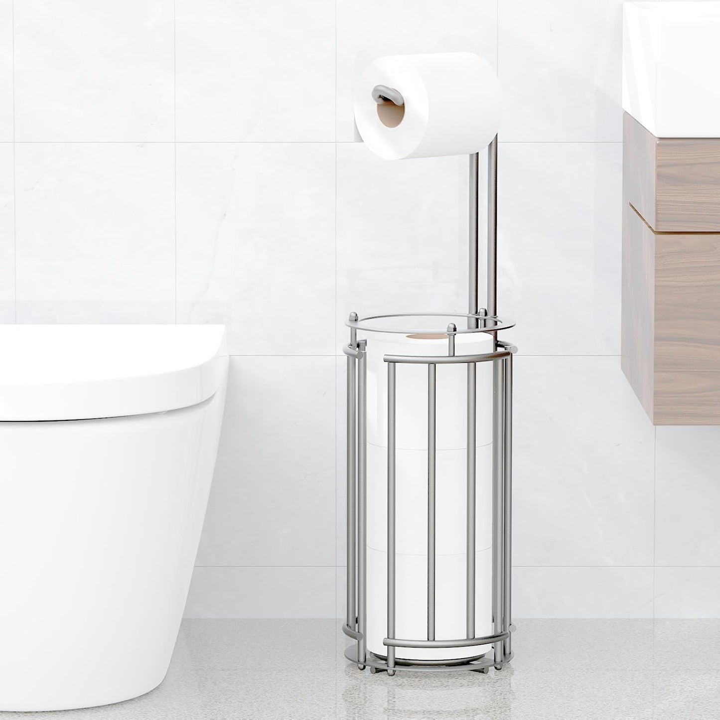 Meangood Toilet Paper Holder Stand and Tissue Paper Roll Dispenser for 4 Mega Rolls, Bathroom Free Standing Tissue Roll