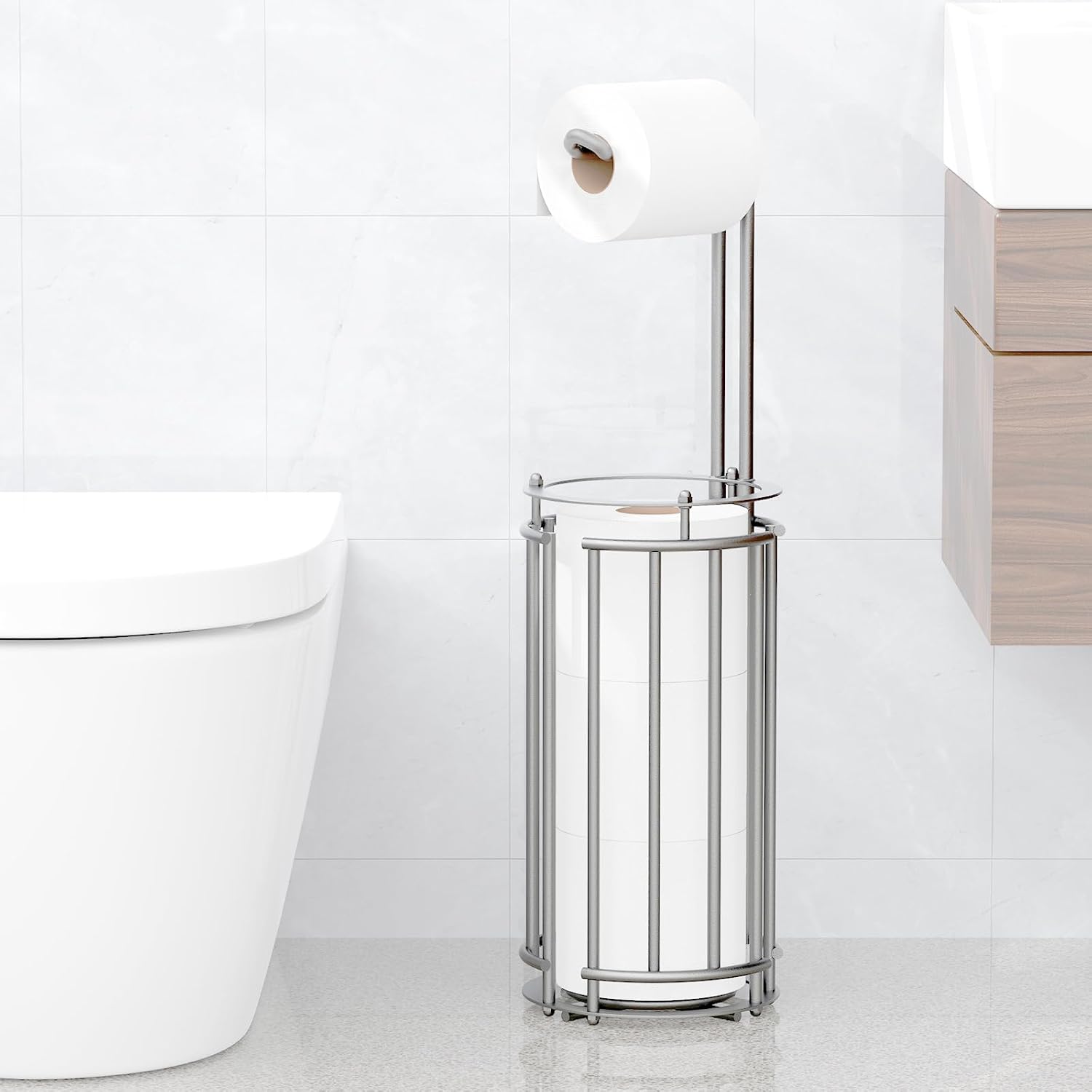 Meangood Toilet Paper Holder Stand and Tissue Paper Roll Dispenser for 4 Mega Rolls, Bathroom Free Standing Tissue Roll