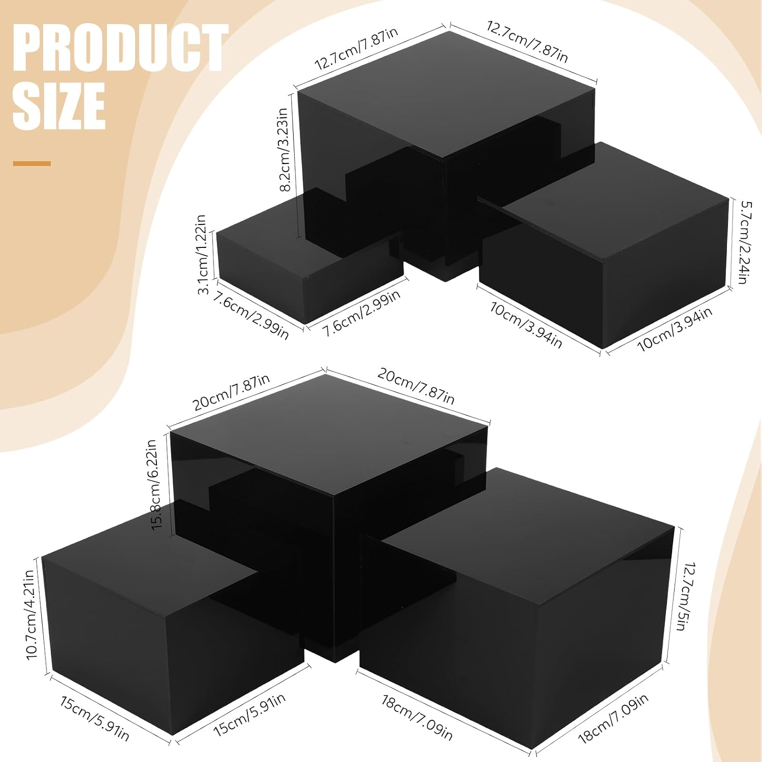 Acrylic Risers for Display Acrylic Cube Boxes Risers / 3 To 8 Inch / Square / Black / Set of 6