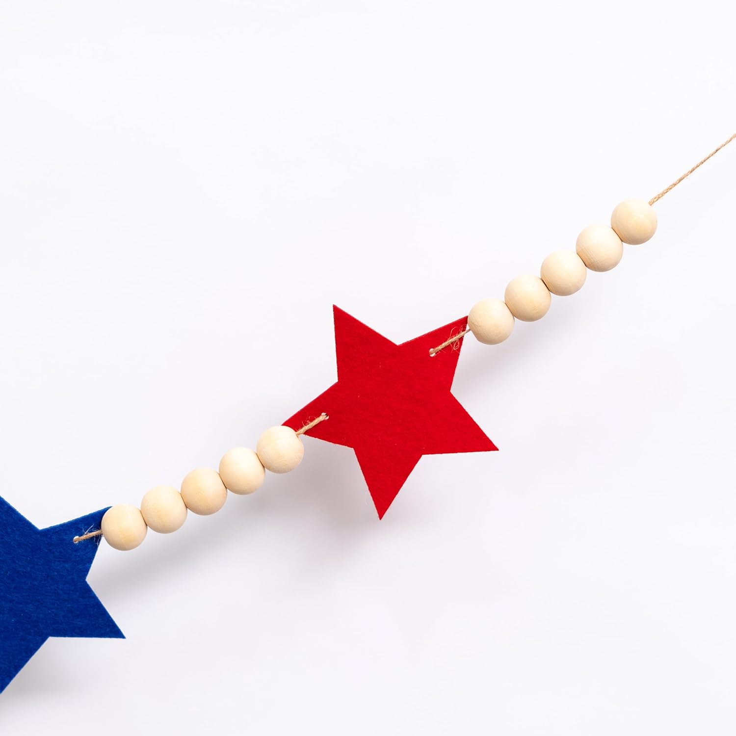 Wood Bead Garland for Mantel Red White Blue Felt Stars / 4th July Banner Red