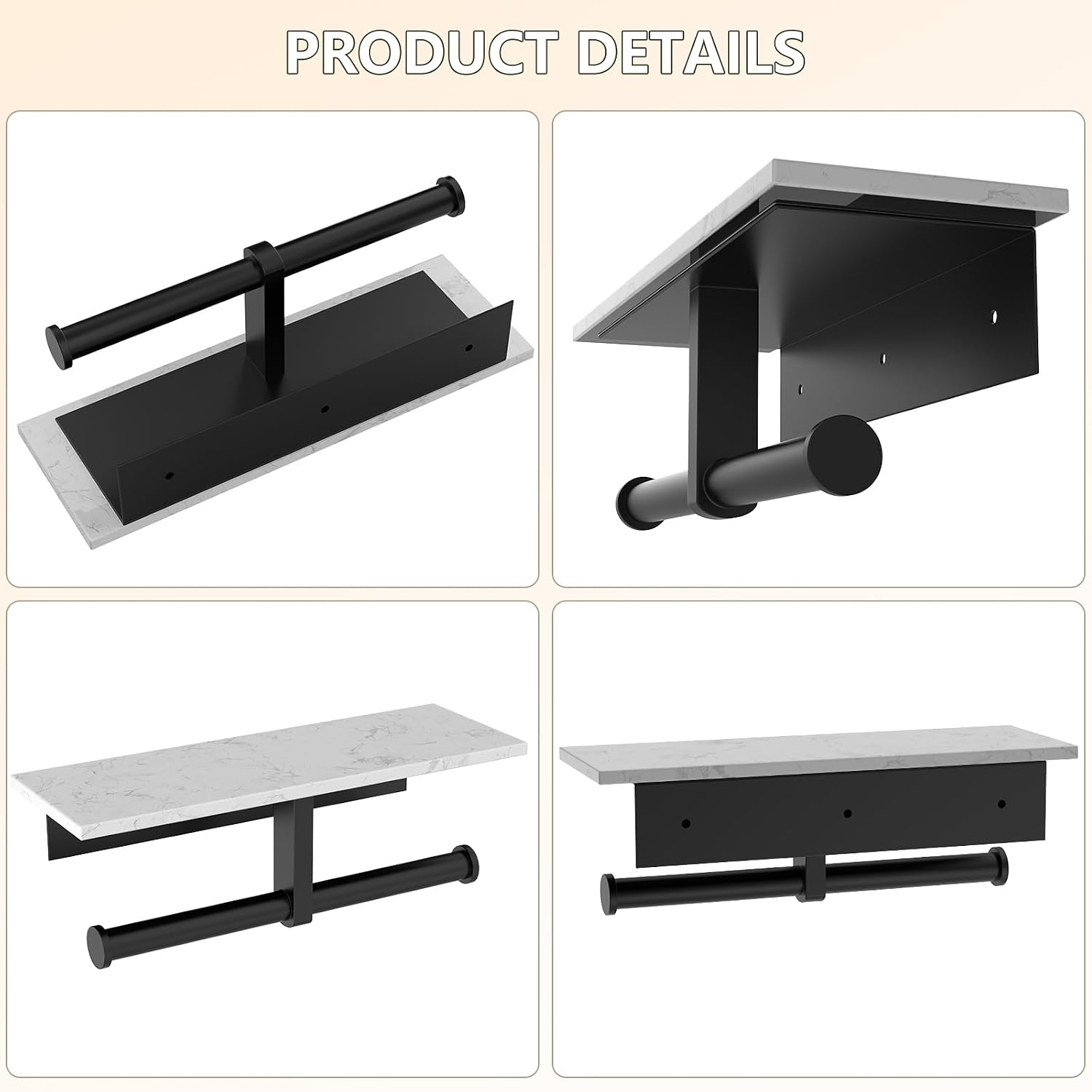 Marble Toilet Paper Holder with Shelf Doulble Bathroom Tissue Roll Holder | Matte Black 304 Stainless Steel Toilet