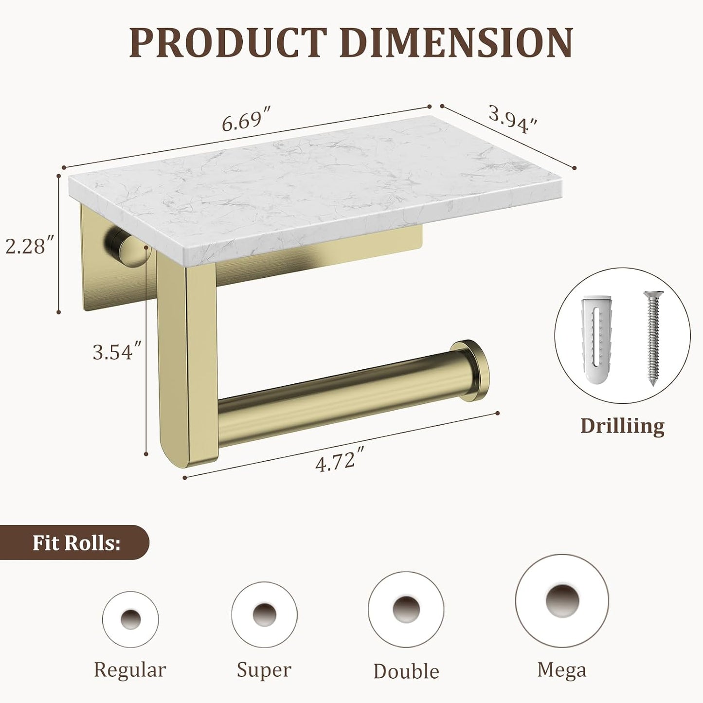 BWE Brushed Gold Toilet Paper Holder with Marble Shelf Wall Mounted | Toilet Paper Roll Holder with Phone Shelf 304