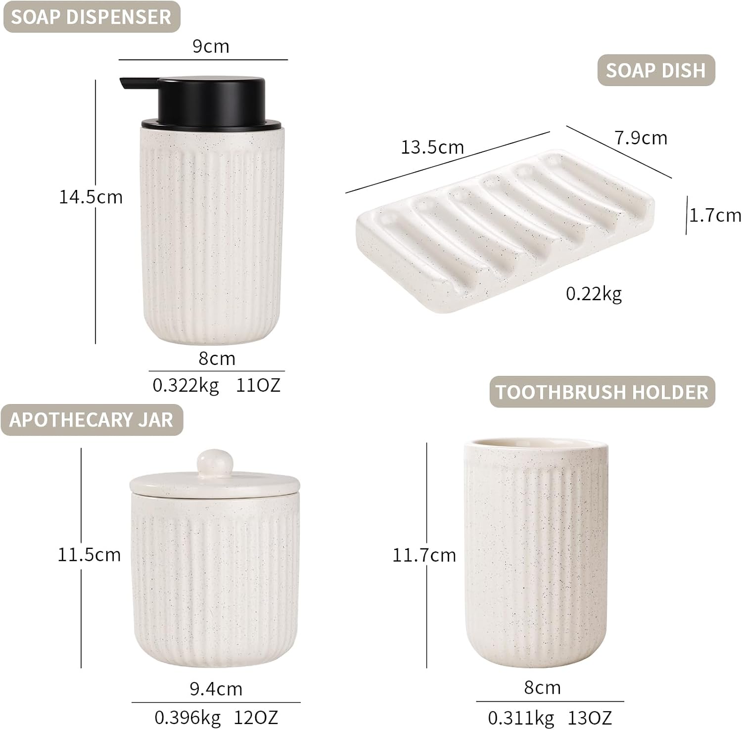 BosilunLife Striped Beige Ceramic Bathroom Accessories Set of 4 | Bathroom Decor Sets Accessories Bathroom Lotion Soap