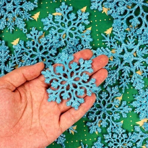 36pcs Christmas Light Blue Snowflake Ornaments Plastic Glitter Snow Flakes Ornaments for Winter Christmas Tree Decorations Size Varies Craft Snowflakes
