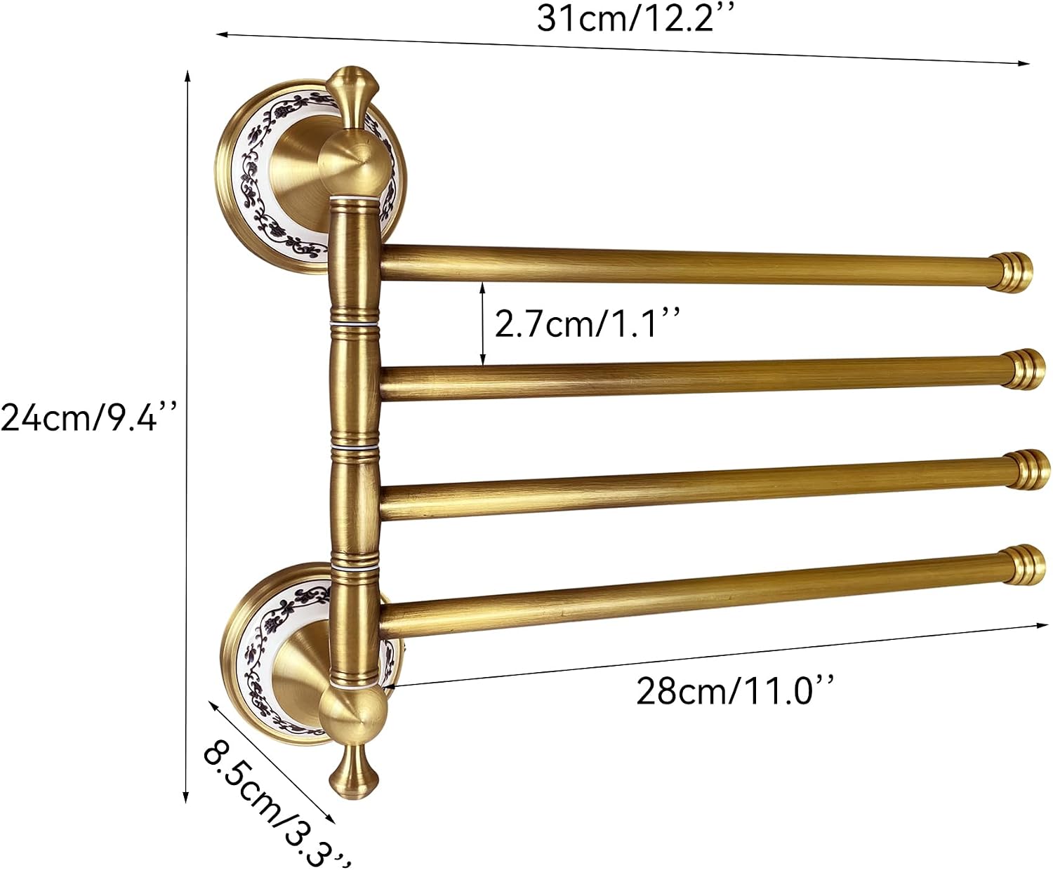 Swivel Towel Rack for Bathroom, Antique Bronze Folding 4 Arms Hand Towel Bars Towel Hanger for Laundry, Wall Mount