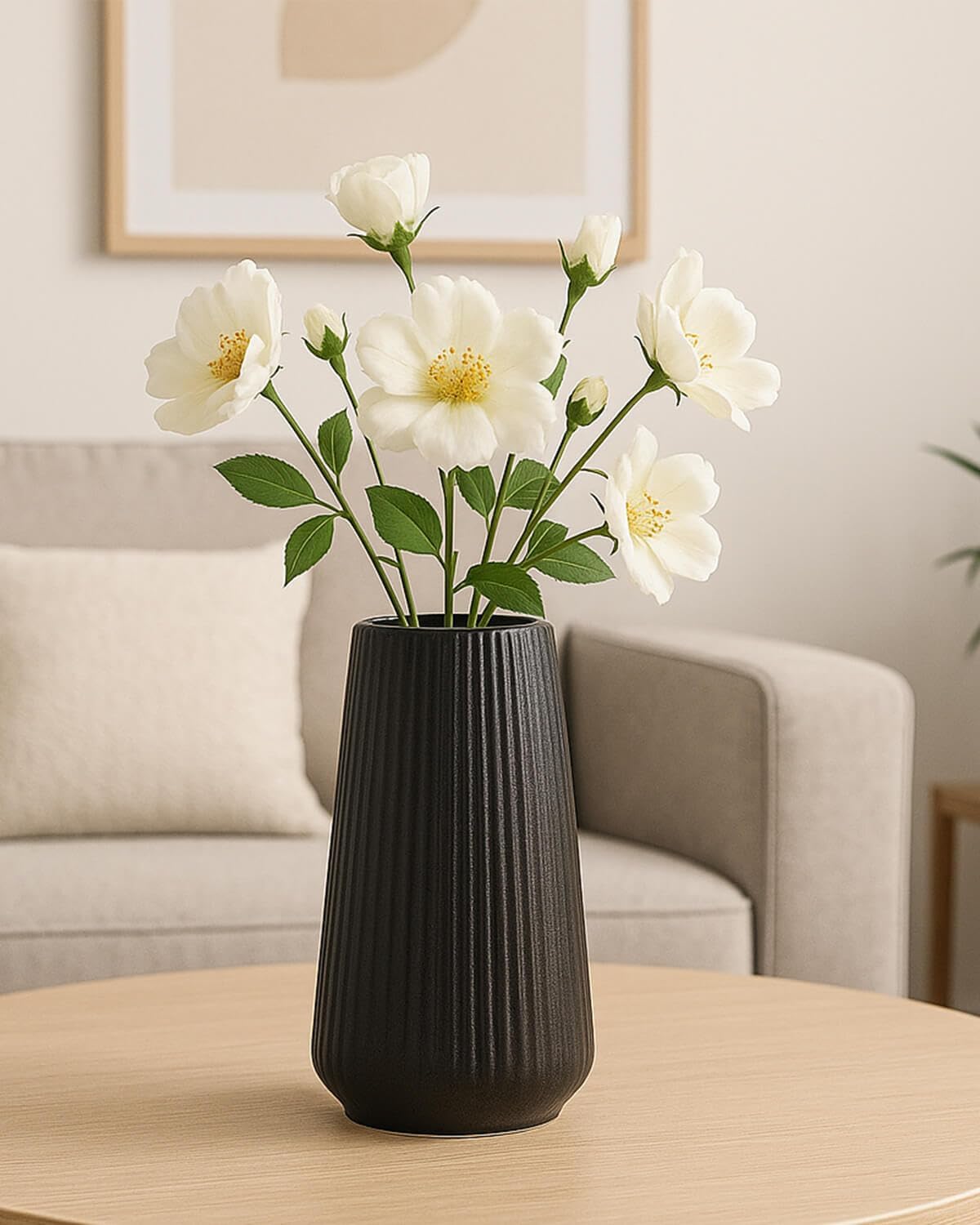 Ceramic Vase / Modern Minimalist Ribbed Decorative Vase / Matte Black01 / Black / 8 Inch