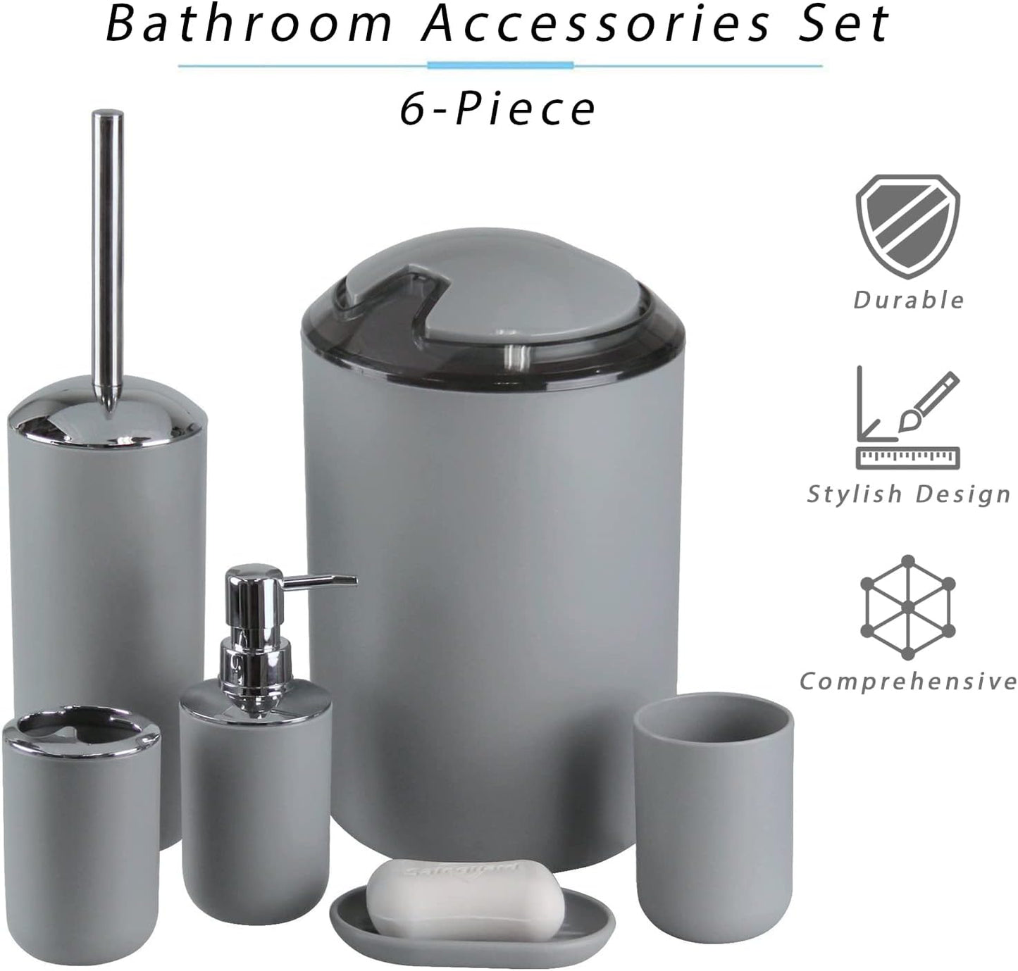 IMAVO Bathroom Accessories Set,Grey Bathroom Set,7 Pieces Bathroom Accessory Set,Tray,Toilet Brush,Trash Can for