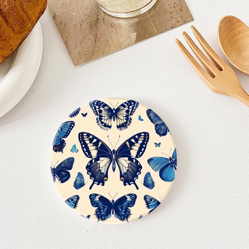 Drink Coasters Graceful Round Water Absorbent Ceramic Coaster / 4inches / Butterflies / Set of 4