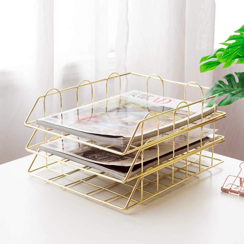 Gold 4-Tier Stackable Paper Tray Desk Organizer | Workspace Decorative Stacking Rack Supplies Holder, Metal Letter