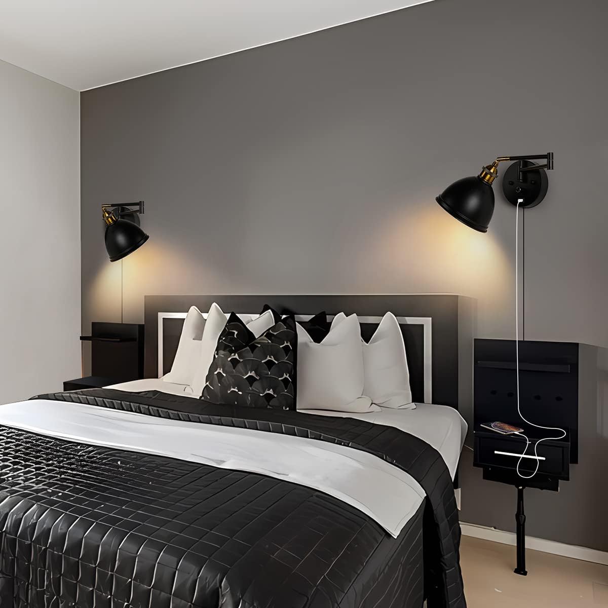 Swing Arm Wall Sconces, Plug-in Wall lamp,Bedroom Wall lamp ， White Fabric Shade，，with dimmable Switch and USB Charging
