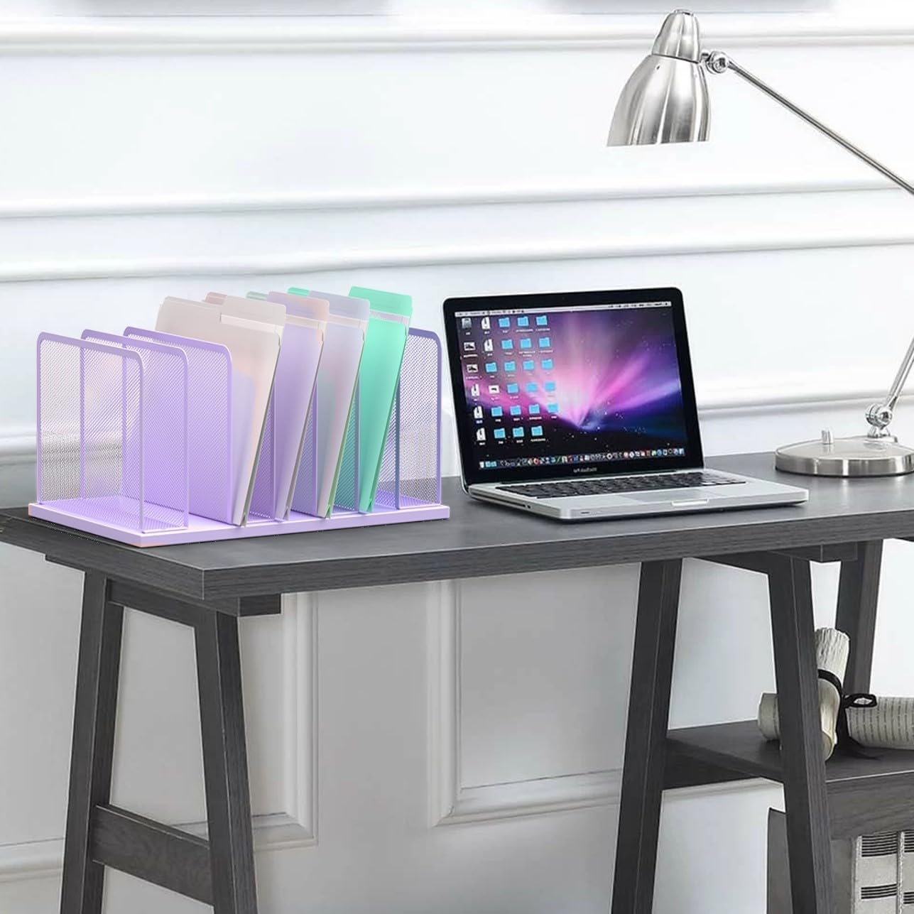 Kuntine.B 7-Section Upright Desk File Organizer Purple 2 Pack | Vertical, Mesh, Metal, Assembly, Stability, Sturdiness