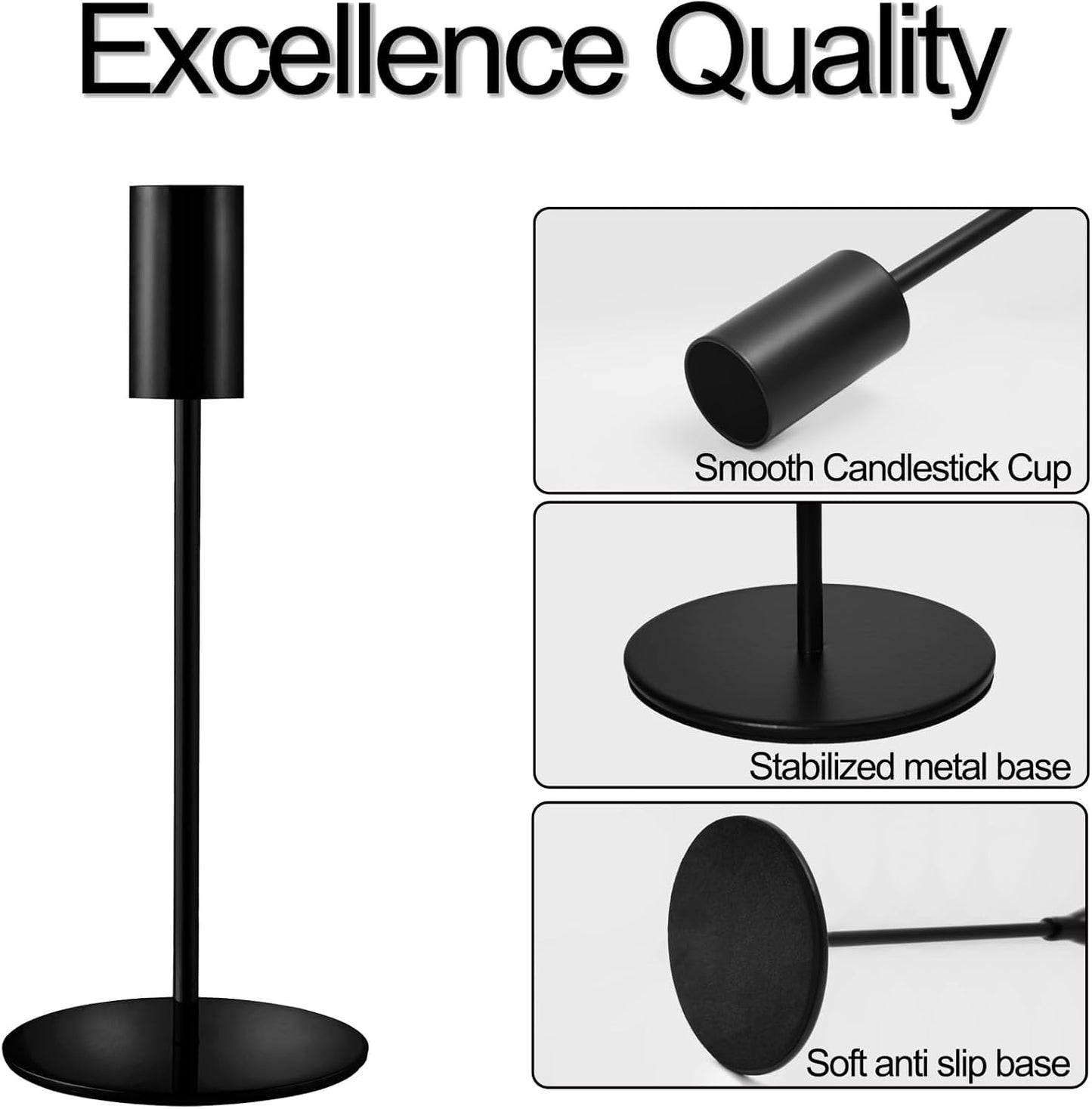 Black Candlestick Holders Bulk, Taper Candle Holders 15Pc, 3 Heights | Modern metal decor with stable round bases for