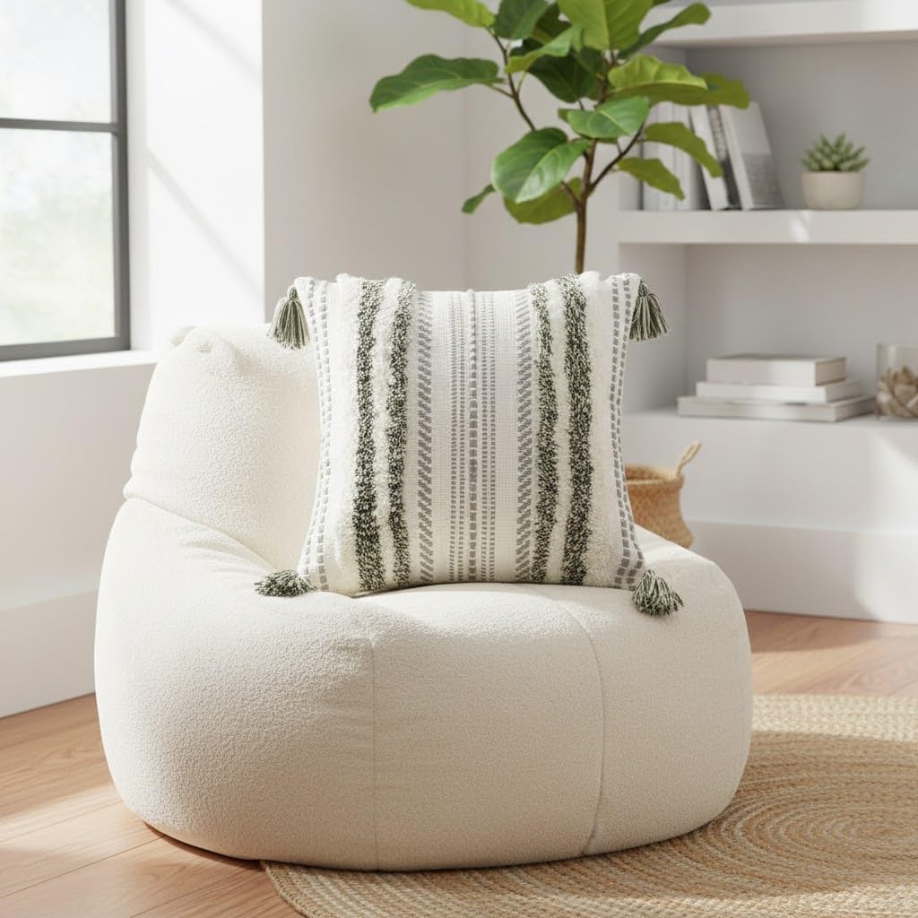 Summer Decorative Boho Throw Pillow Cover / 18 x 18 / Green and Cream White