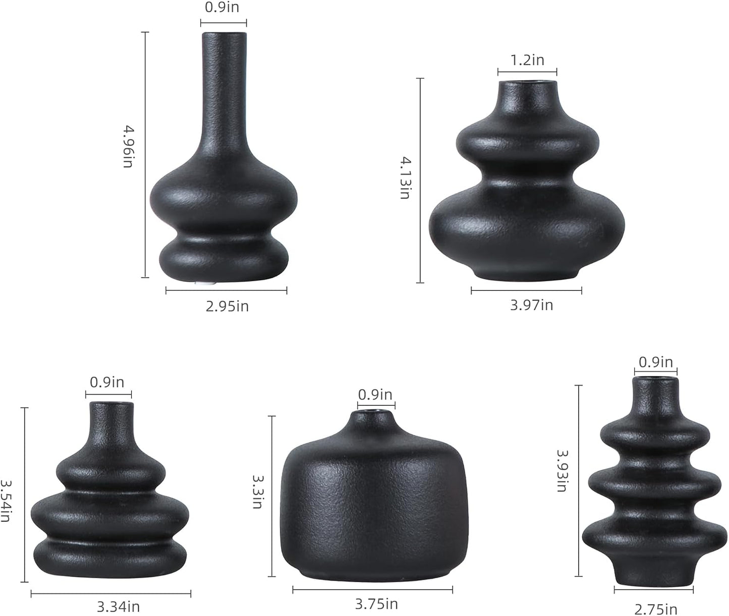 Boho Vases / Black Ceramic Bud Vase / Matte Black Vase / Set of 5