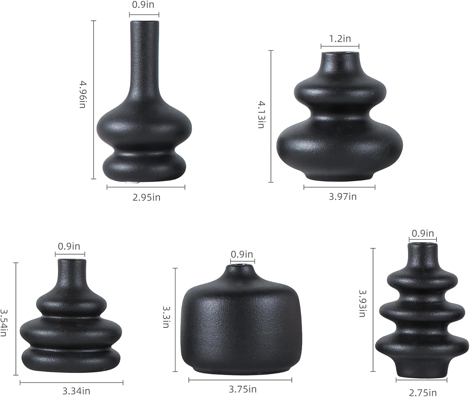 Boho Vases / Black Ceramic Bud Vase / Matte Black Vase / Set of 5