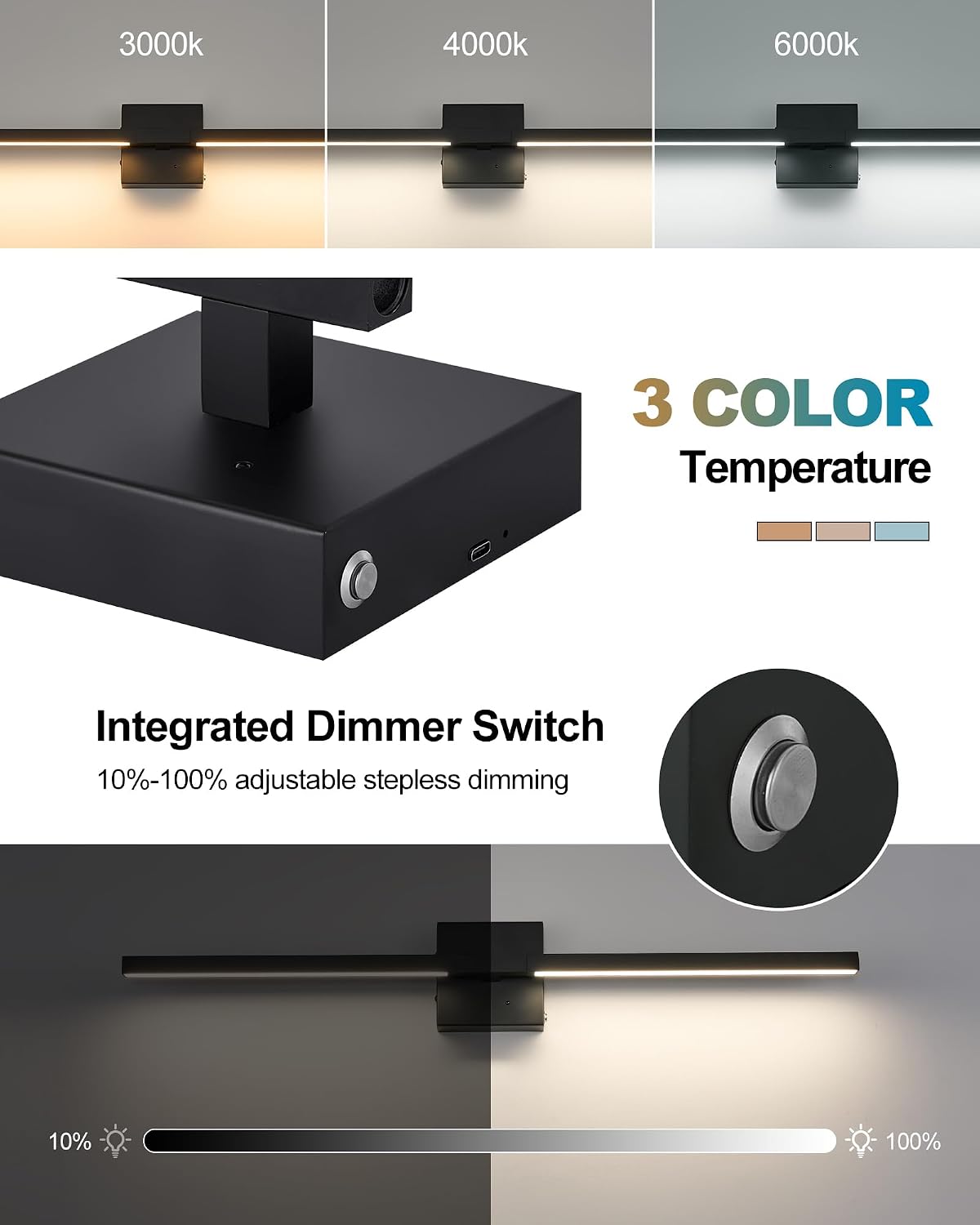 Rayogale 32 Inch Battery Operated Wall Sconces with Remote Control | 3000K-6000K Dimmable Black Wireless Rechargeable