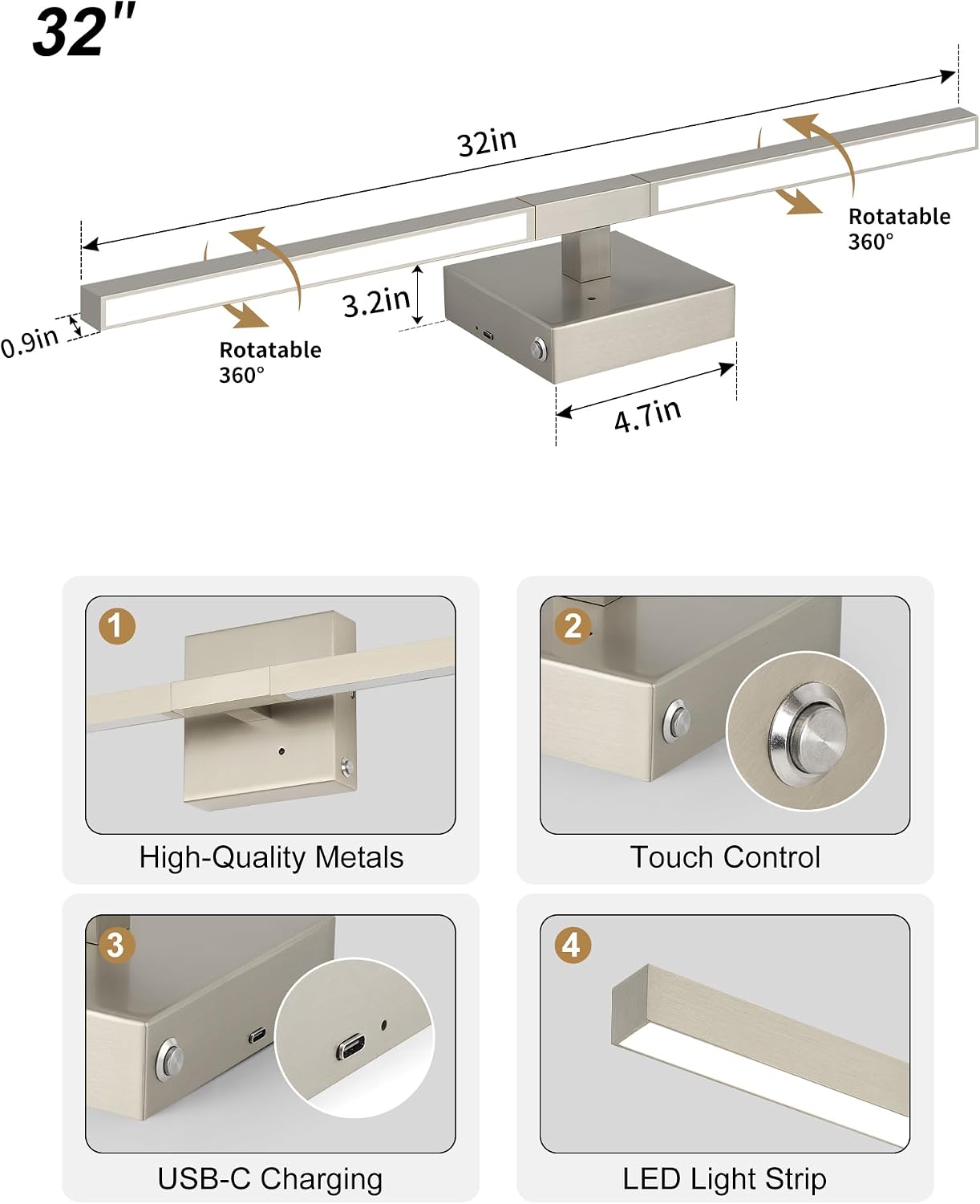 Rayogale Nickel Battery Operated Wall Sconce with Remote Control 32 Inch | 3000/4500/6000K Dimmable 8000mAh Wireless