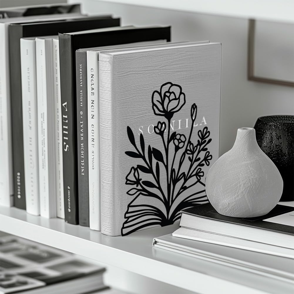 Metal Bookends / Modern Decorative Heavy Duty Study Book Support Stoppers / Books and Flowers