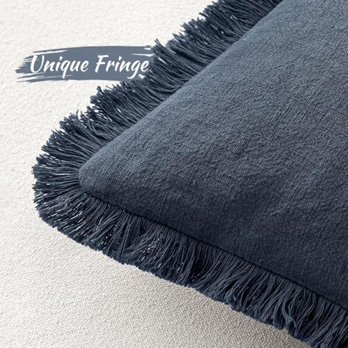 MIULEE Linen Fringe Decorative Euro Throw Pillow Covers Indigo Blue 26x26