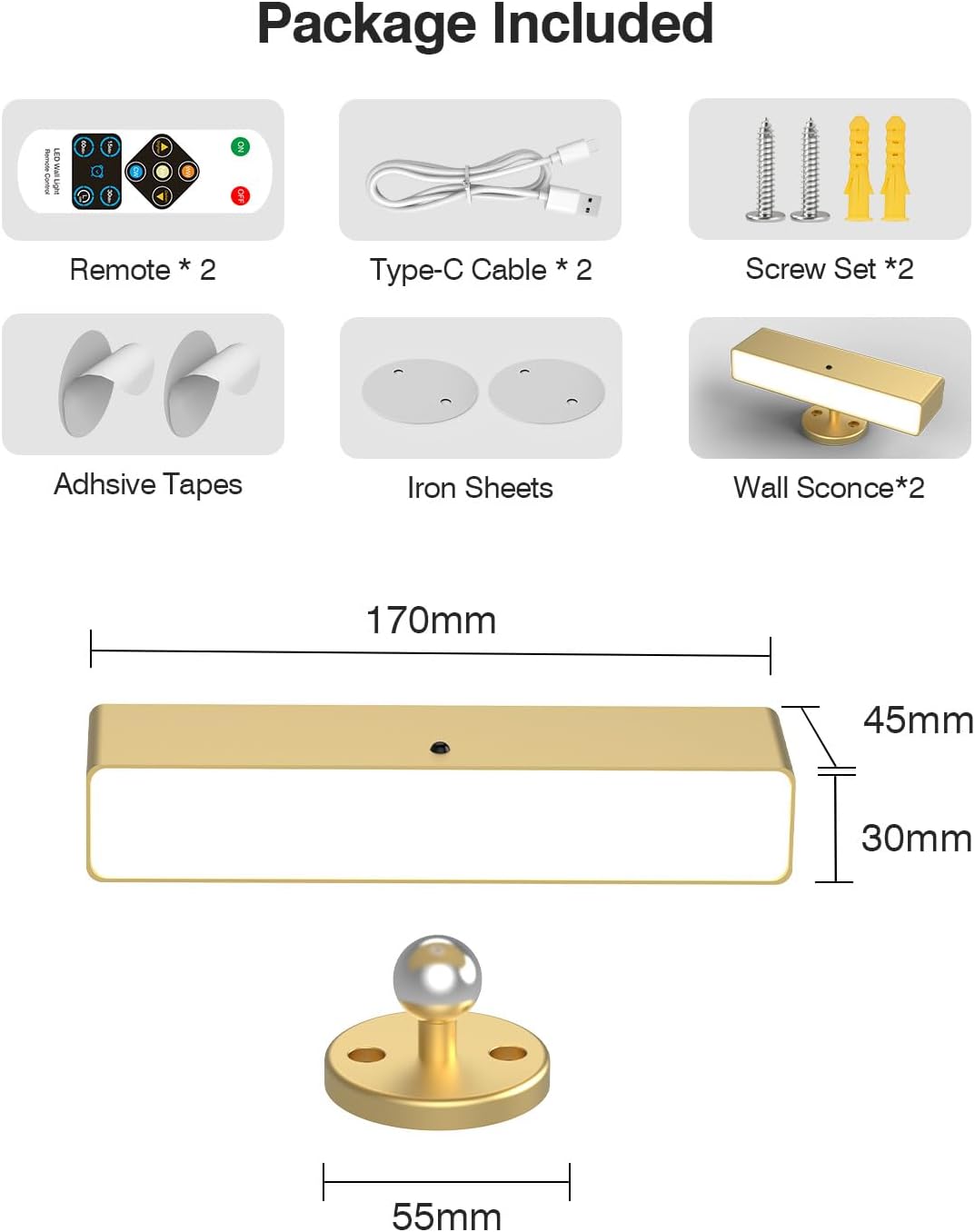Battery Operated Wall Sconce Set of 2, Gold Rechargeable | Type-C 5V 1A charging, 360° rotation, 3000K/4000K/6000K