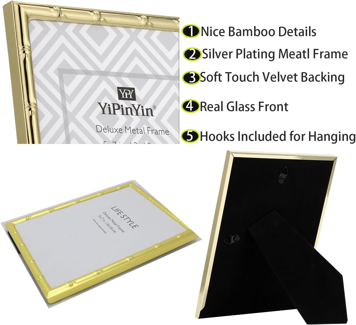 YiPinYin 6x6'' Sqaure Gold Metal Picture Frame With Mat for 4x4'' Set of 2, Bamboo Detail Designs Gold Plated Photo