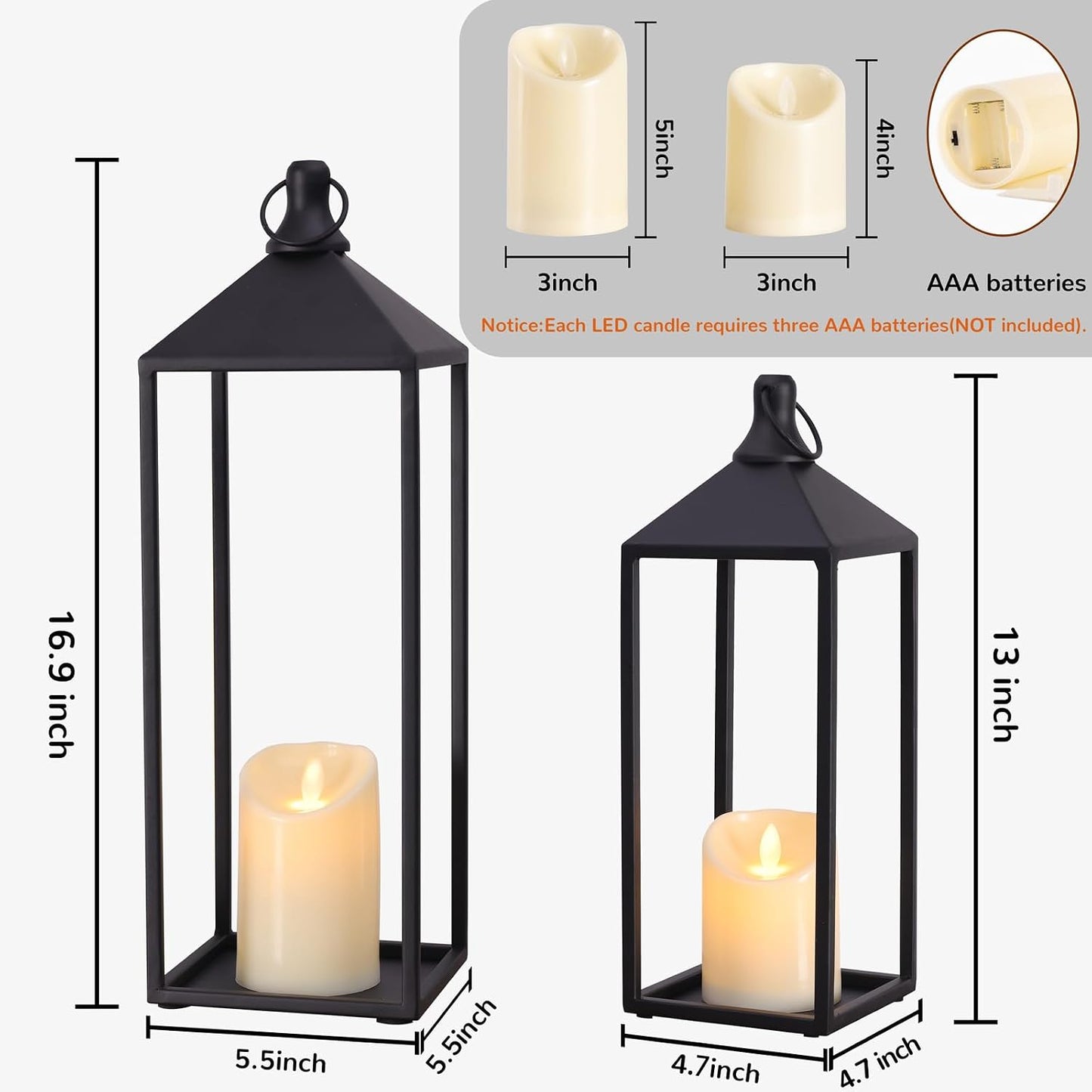Lanterns Decorative Outdoor Indoor, 17" 13" Set of 2 Black Candle Lanterns | No Glass Metal Outdoor Lantern for Porch