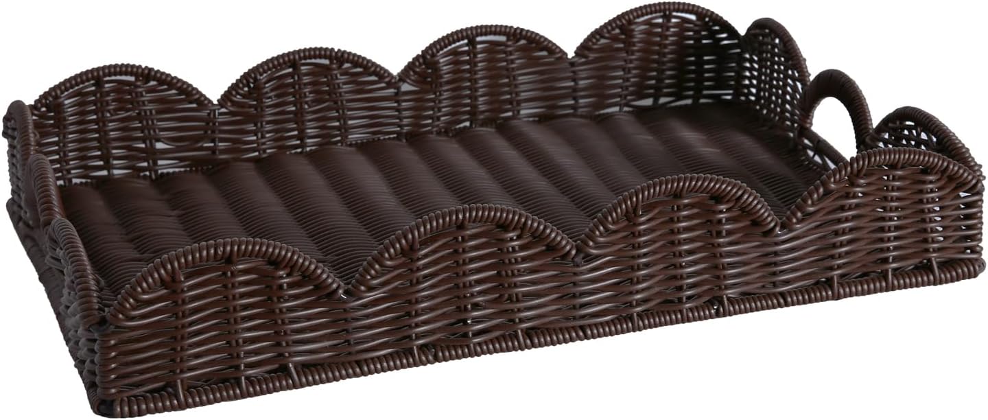 Scalloped Imitation Rattan Tray Basket / Brown&plastic-dark